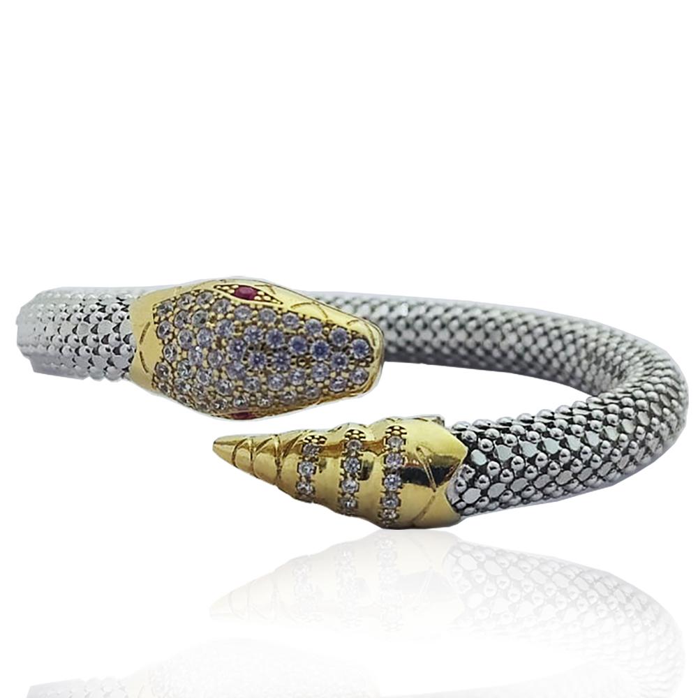 Bracciale rigido a serpente mm 8 snake in argento 925 rodiato e dorato con zirconi bianchi e rossi